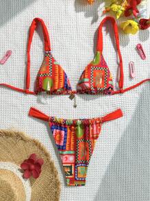 SHEIN Swim 2025新款女士印花三角比基尼套装，休闲沙滩度假夏季比基尼套装 - 彩色 - 查看 2