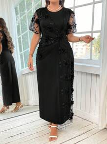 SHEIN Clasi 大码女式时尚浪漫优雅扭结圆领连衣裙 - 黑色 - 查看 3