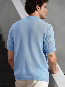 Manfinity Homme Men's Faux Pearl Decor Short Sleeve Hollow Out Single-Breasted Knit Sweater,Baby Blue Summer Elegant Vacation Crochet Shirt Knitted Shirts For Men - Blue - View 2