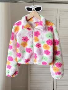 SHEIN Serisse Kids 少女彩色花朵图案立领长袖拉链高领保暖泰迪夹克，羊毛开衫，温暖舒适，非常适合秋冬季休闲日常穿着和上学日常穿着 - 彩色 - 查看 3