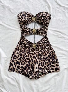 Soleia 女士经典复古豹纹连体裤，配有金属配饰，适合度假、派对、约会、下午茶、音乐节、海滩巡游，可内外穿着 - 彩色 - 查看 5