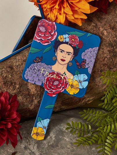 Frida Kahlo X SHEIN 1 pieza Espejo de mano cuadrado con gráficos de figuras e impresiones florales, apto para uso en el hogar, oficina y viajes, ligero, de alta definición, artístico y elegante