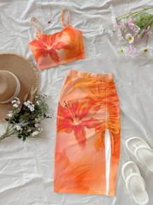 SHEIN Set de bluză și fustă mini, cu imprimeu floral, mulată, casual, confortabilă, pentru fete preadolescente