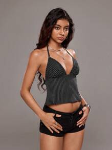 TRNVIE Vintage British Style Coffee Striped V-Neck Backless Tie Strap Tank Top For Women, Spring/Summer - Coffee Brown - View 7