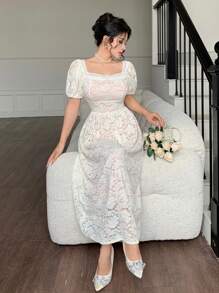 Modelyn Đầm midi thắt eo ren lãng mạn cho nữ, thanh lịch và thời trang - trắng - Xem 7