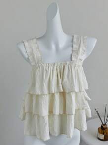 Elamini Top sin tirantes con textura de tela y detalles de volantes, estilo vacacional dulce, para primavera y verano - Beis - Ver 4