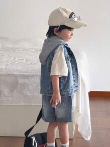 SHEIN Young BoyFashion 户外街头休闲牛仔套装：针织帽、拼布背心、破洞牛仔背心、破洞牛仔裤 - 中等水洗藍 - 查看 4