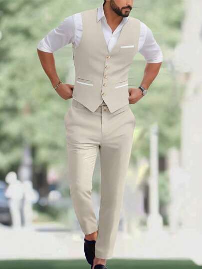 Manfinity Bizformal Men's Business Casual Vest & Pants Suit Set,Men's Business Casual Slim V-Neck Sleeveless Vest And Slim Formal Suit Pantsuit For Daily Commuting Business, Parties And Banquets. This Suit Is An Indispensable Item In A Man's Wardrobe And A Great Gift For A Boyfriend Or Husband Men Fancy Outfit Wedding Outfit For Men Men Elegant Outfit Men Formal Outfit Men Fashion Clothes