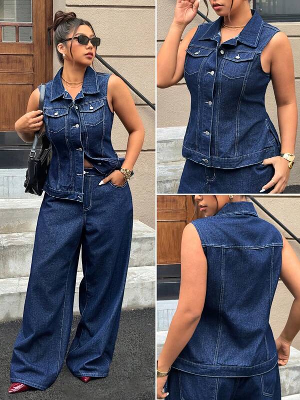 SHEIN ICON Veste en jean polyvalente sans manches décontractée pour femmes grandes tailles