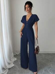 Rafferiza Women's Elegant Solid Deep V-Neck Ruched Waist Jumpsuit - Navy Blue - View 6