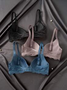 SHEIN 女士纯色蕾丝拼接文胸三件套