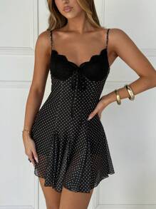 SHEIN EZwear 夏季黑色波点休闲度假细肩带迷你连衣裙 - 黑色 - 查看 4