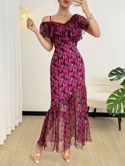 Modelyn SHEIN X Hannahelzahed 女式数码印花拼布不对称V领短袖连衣裙