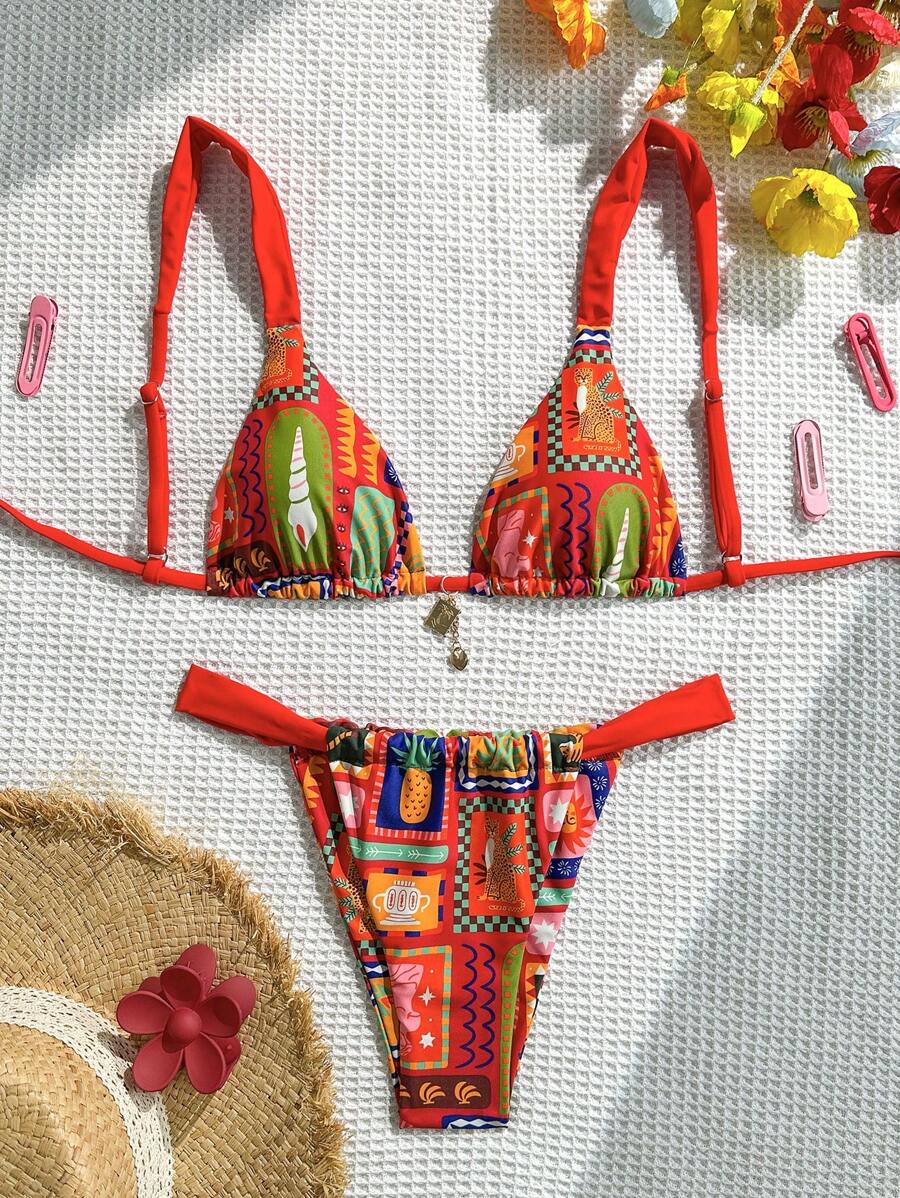SHEIN Swim 2025新款女士印花三角比基尼套装,休闲沙滩度假夏季比基尼套装 - 彩色 - 查看 1