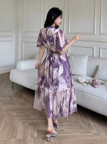 Modelyn 休闲扎染印花荷叶边下摆女式连衣裙