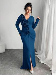 Modelyn Vestito elegante a trapezio con decorazione floreale 3D e volant, taglie comode per donne di taglia grande