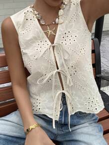 Livesso Women Lace Hollow Tie V-Neck Sleeveless Ruffled Hem Resort Style Tank Top - White - View 5