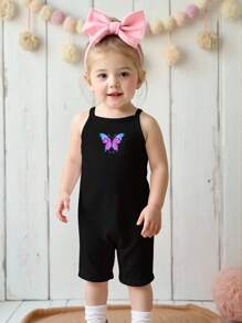 3pcs/Pack Baby Girls' Butterfly Print Strap Romper, 1 Purple, 1 Full Print, 1 Black Baby Girl Butterfly Summer Outfits - Multicolor - View 8