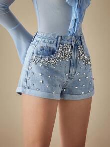 Selenza Rhinestone Embellished Luxury Denim Shorts - Light Wash - View 4