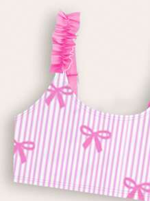 SHEIN GraphicGems Conjunto de bikini con volantes y estampado de lazos a rayas para niñas, traje de baño de dos piezas de verano para niñas