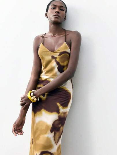 Maija 2025 Summer & Winter New Asymmetrical Floral Ink Wash Print Adjustable Spaghetti Strap Cold-Shoulder Dress, Chic & Elegant For Party, Urban Commute, Outing, Date, Party, Concert, Brunch, Airport, Summer Holiday