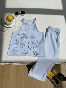SHEIN 2pcs/Set Baju Atasan Tanpa Lengan Bergaris dengan Dekorasi Bunga 3D & Celana Panjang untuk Anak Perempuan, Musim Panas - MultiWarna - View 7