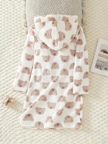 女童白色草莓印花长袖连帽长袍睡衣 - 卡其色 - 查看 2