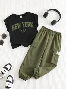 SHEIN 2 件套年轻男童休闲宽松无袖印花上衣和抽绳裤套装，百搭服装 - 彩色 - 查看 8