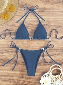 SHEIN Swim 女款素色泳衣套裝，度假與海灘適用 - 深灰色 - 查看 1