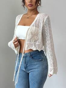 Elenzga Women's Lightweight Geometric Patterned Tie Front Cardigan, Vacation Style, Spring/Summer Fall Cloth For Women - Beige - View 6
