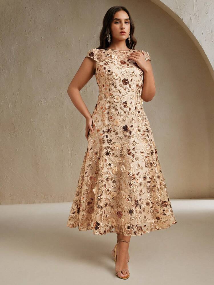 Modern Champagne Elegant Floral Mesh Sequin Short Sleeve Dress, High-Quality Festival, Resort Wear For Women, Spring & Summer Outfit