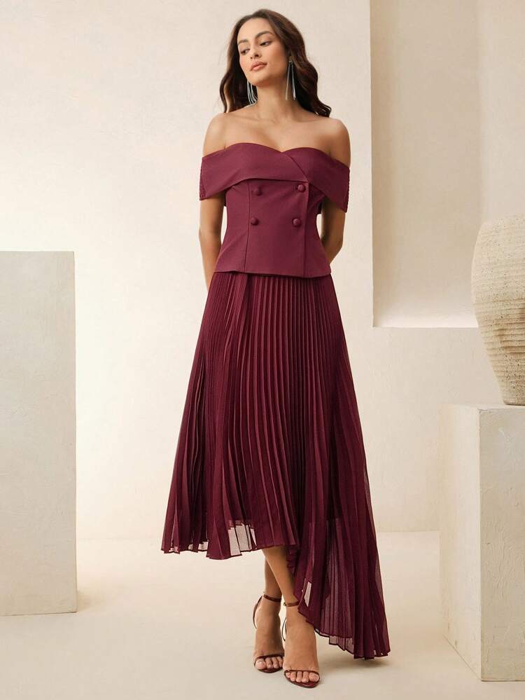 Vestido estilo francés con hombros descubiertos, cintura fruncida y pliegues
