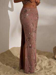 Opulessa Váy đuôi cá thêu họa tiết màu trơn cổ điển dành cho nữ, trang phục ngày lễ, trang phục mùa hè, váy sequin nâu đi nghỉ - Hồng - Xem 3