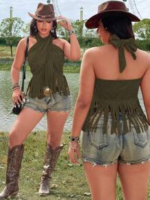 Flirla Plus Size Solid Color Criss-Cross Strap Tassels Boho, Hippie, Cowgirl, Old Money Style Camisole Tank Top - Army Green - View 1