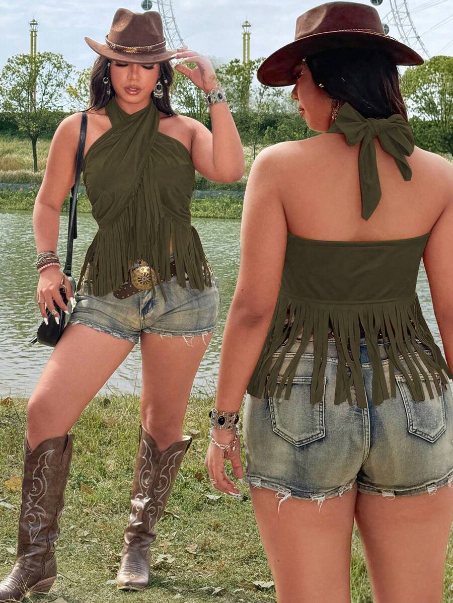 Flirla Plus Size Solid Color Criss-Cross Strap Tassels Boho, Hippie, Cowgirl, Old Money Style Camisole Tank Top - Army Green - View 1