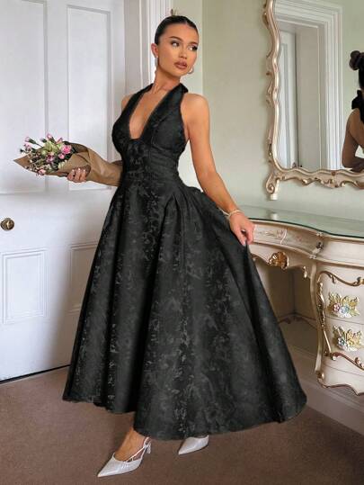 Glamine Charm Vestido con cuello en V sin mangas, floral en relieve 3D, estilo vintage y fluido para mujeres