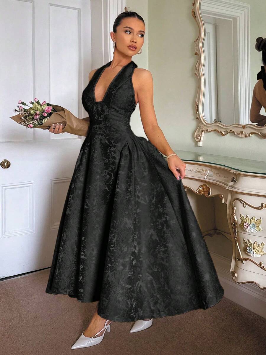 Glamine Charm Váy suông cổ chữ V in hoa 3D cổ điển không tay bồng bềnh dành cho nữ - màu đen - Xem 1