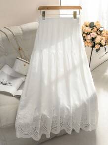 Mulvari 春夏中长款棉质抽绳腰绣花女士半身裙 - 白色 - 查看 7