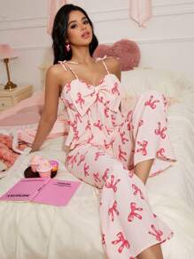 Miss Vinta 浪漫细肩带蝴蝶结女士睡衣套装 - 粉色 - 查看 1