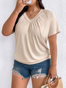 SHEIN LUNE Plus Size Summer Casual Solid Color Raglan Sleeve T-Shirt - Apricot - View 3