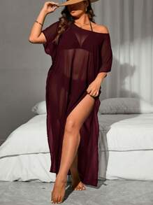 Swim Vcay 女式加大码纯色圆领短袖网眼侧开衩下摆罩衫/连衣裙 - 酒紅色 - 查看 1