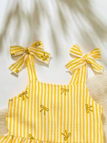 SHEIN Playful Pals 2 件婴幼儿女童春夏休闲日常可爱度假条纹蝴蝶结无袖上衣 + 短裤套装，0-3 岁 - 黃色 - 查看 3