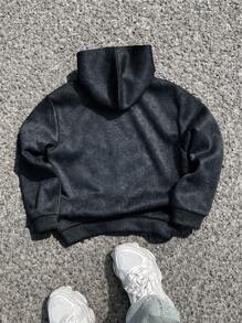 SHEIN Chaqueta con capucha de estilo callejero informal con lavado ácido y talla grande para niño preadolescente, manga larga, adecuada para ir y venir, la escuela, uso diario y deportes, apropiada para otoño e invierno, chaqueta con cremallera para niños, chaqueta con cremallera para adolescentes en otoño