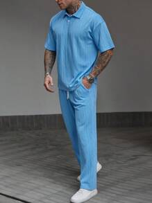 Manfinity Homme Men's Knitted Textured Fabric Polo Shirt And Pants Set - Blue - View 6