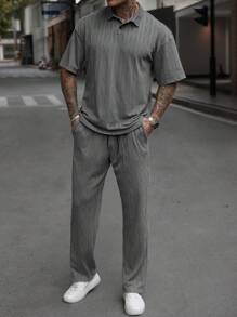 Manfinity Homme Men's Knit Textured Short Sleeve Polo Shirt And Pants Set Men Clothes Men T Shirt Co Ords Men 2 Pieces Sets Men Clothing Men T Shirt Co Ords Men 2 Pieces Outfit