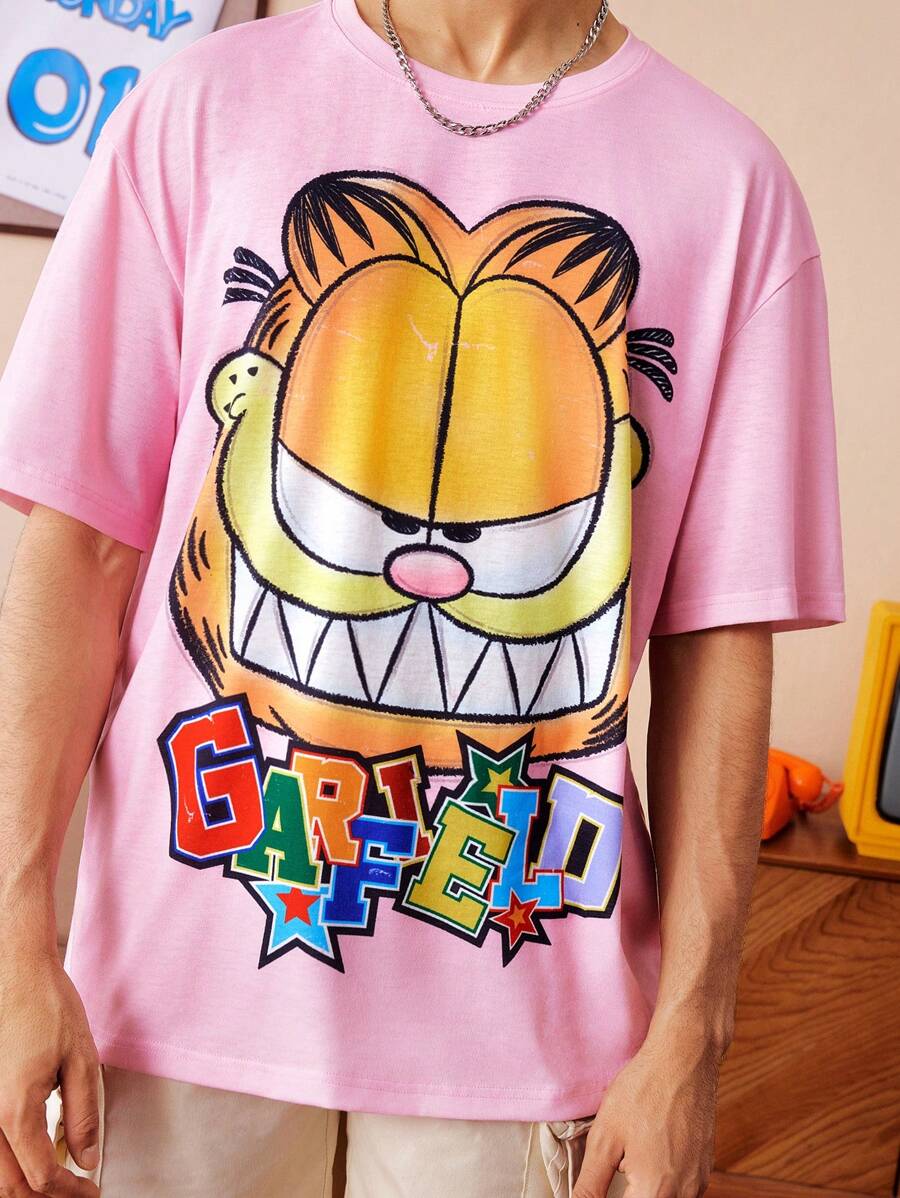 GARFIELD | SHEIN 男士字母卡通图案圆领短袖T恤 - 粉色 - 查看 1