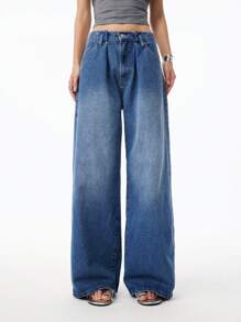 LYSMO 女士休闲宽松水洗阔腿牛仔裤 - 藍色 - 查看 7