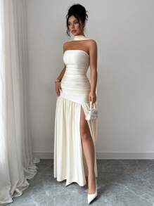 Elenzga Fashionable New Solid Shiny Fabric Strapless Long Flowy Skirt Ruched Waist Slit Hem Dress, Suitable For Weddings, Graduation Parties, Dates, Vacations