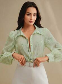 Anewsta Áo sơ mi thanh lịch có cổ bẻ, vải jacquard, thêu và trang trí bằng đá giả - màu xanh lá - Xem 3