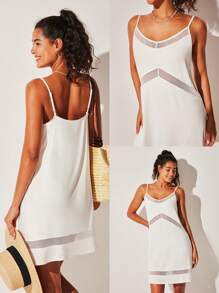 LUVLETTE Sexy White Soft Breathable Mesh V-Neck Breathable Mesh Detail Camisole Airy Nightdress Lingerie As Outerwear Slip Dress Babydoll Bridal Intimates& Pyjamadressing - White - View 2